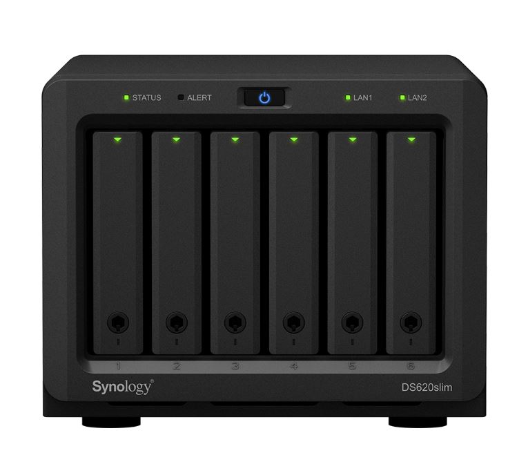 Synology Print media DiskStation DS620 slim 6 Bay NAS Intel Celeron J3355 2-core 2.0 2GB DDR3L non-ECC SODIMM Hot Swappable 2xRJ-45 1GbE LAN 2xUSB 3.0 2 yrs wty
