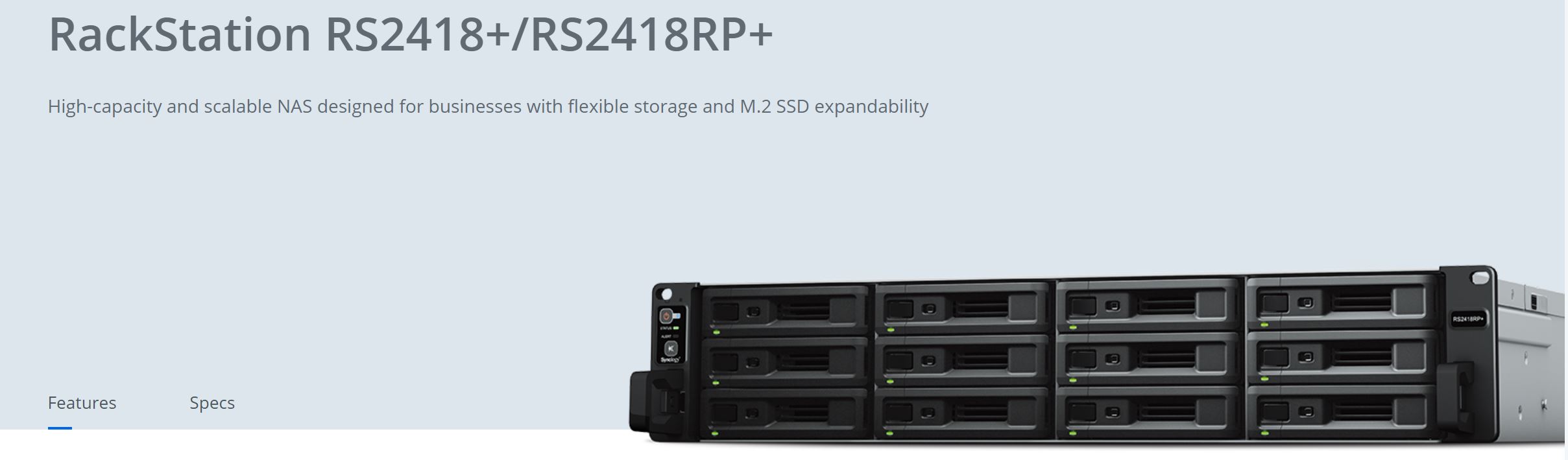 Synology RackStation RS2418+ 12-Bay 3.5' Diskless 4xGbE NAS (2U Rack) (SMB), Intel Atom 2.1GHz, 4GB RAM, 2xUSB3, Scalable - With SRS