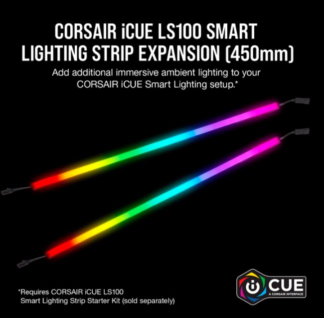Corsair iCUE LS100 Smart Lighting Strip Expansion Kit 2x 450mm Addressable LED Strip, RGB Ext Cable, Adhesive Tape, Cable Clip. 2 Years Warranty.