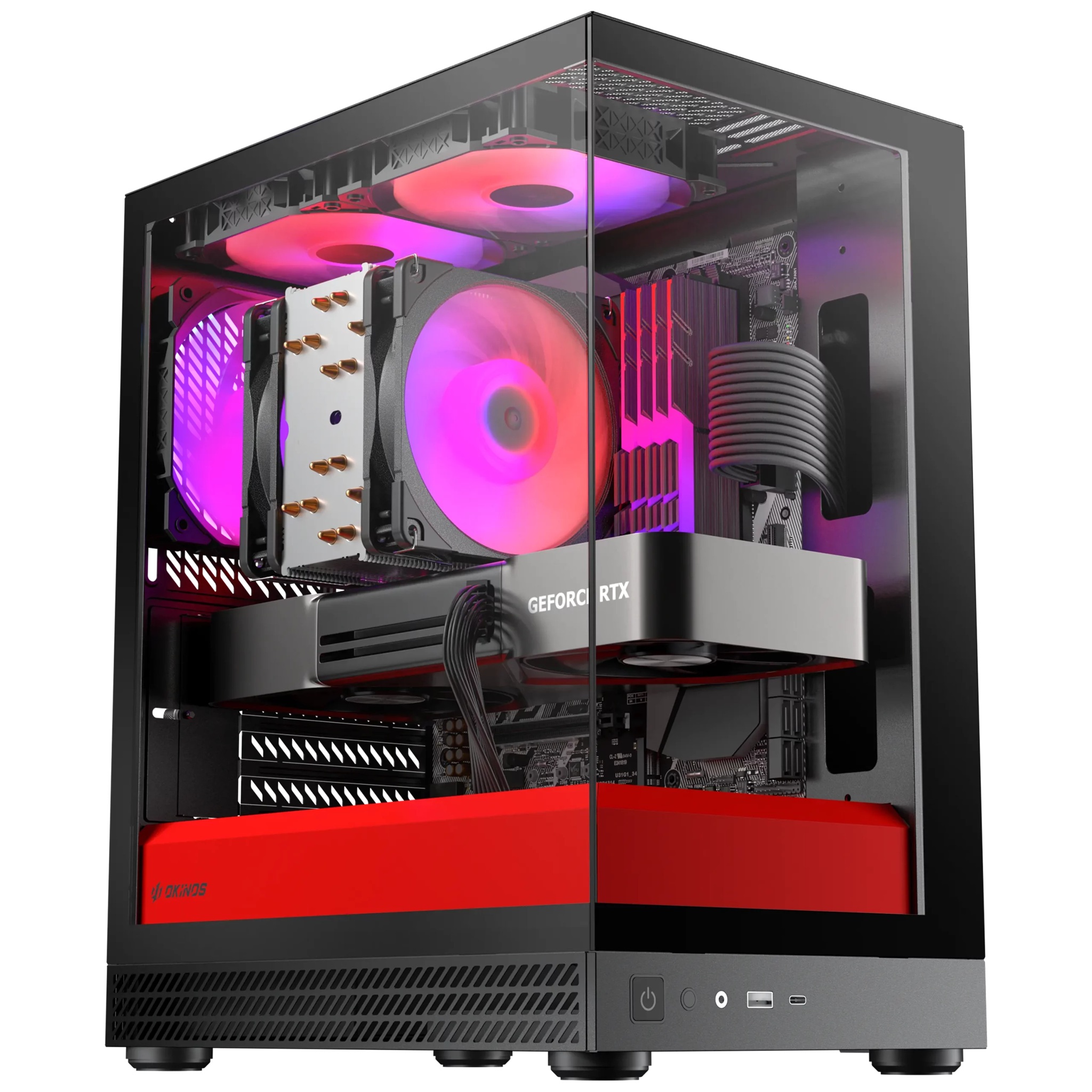 OKINOS Commercial display AQUA UNO SCARLET, Mini Tower, Micro-ATX/ITX, 270° Tempered Glass, USB-C 5Gbps, 3× ARGB Fans, 309mm GPU, Dust Filters