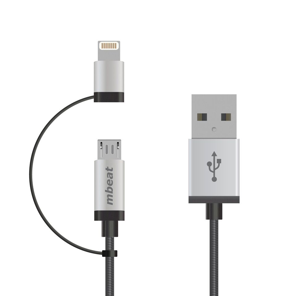 mbeat® 1m Lightning and Micro USB Data Cable - 2-in-1/Aluminmum Shell Crush-Proof/Nylon Braided/Silver/ Apple/Andriod Tablet Mobile Device (LS)
