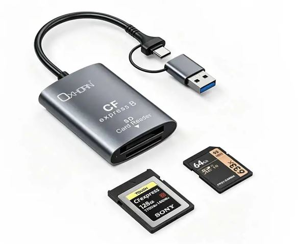 Just You PC Oxhorn USB 3.2 Gen 2 10Gbps CF Express B and SD Card-reader Aluminum USB-C 3.2 USB-A 3.2 lightweight Plug-and-play Silver AD-CR322