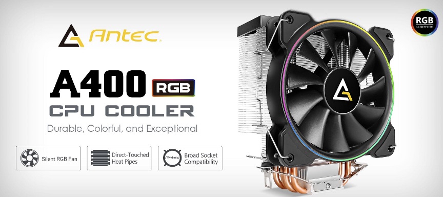 Antec A400 RGB CPU Air Cooler, Direct Heat-Pipies, Silent RGB 12CM PWM Fan, Broad Socket Support, Thermal Paste included. MTBF 50k Hrs, 3 Years Wty