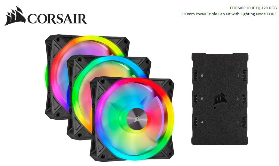 Corsair QL120 RGB Triple Fan Kit with Lighting Node Core, ICUE, 120mm RGB LED PWM Fan 26dBA, 41.8 CFM, 3 Fan Pack