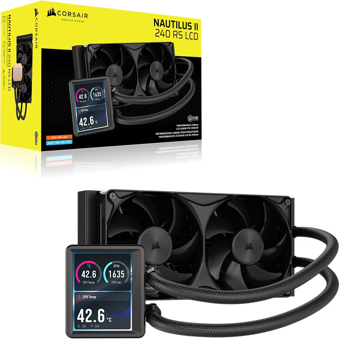 Corsair CW-9061051-WW - Display - NAUTILUS II 240 RS LCD Liquid CPU Cooler - Black, 240mm, 3.5' LCD, FlowDrive 2S Pump, 420–2100 RPM, PWM, AM5/AM4…
