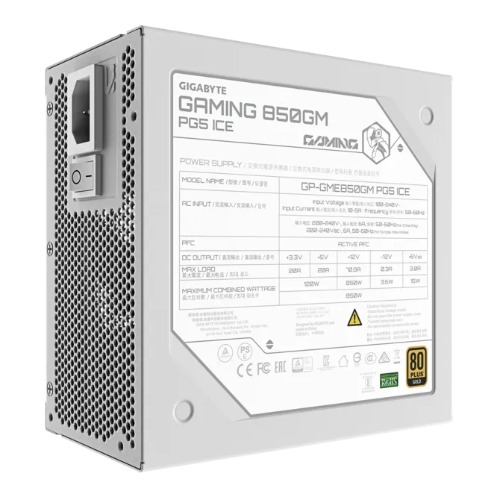 Gigabyte Business communication device GAMING 850GM PG5 ICE 850W 80+ Gold ATX 3.1 PSU PCIe5 16pin FM 135mm fan 2xEPS 4xPCIe 8xSATA OVP OPP SCP UVP OCP OTP 90eff 100k MTBF GP-GME850GM PG5 ICE/PSU