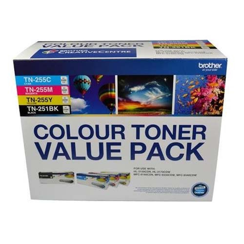 Brother  TN-251BK and TN255 Colour Laser Toner Value Pack. Black, Cyan, Magenta, Yellow (8AE00003)