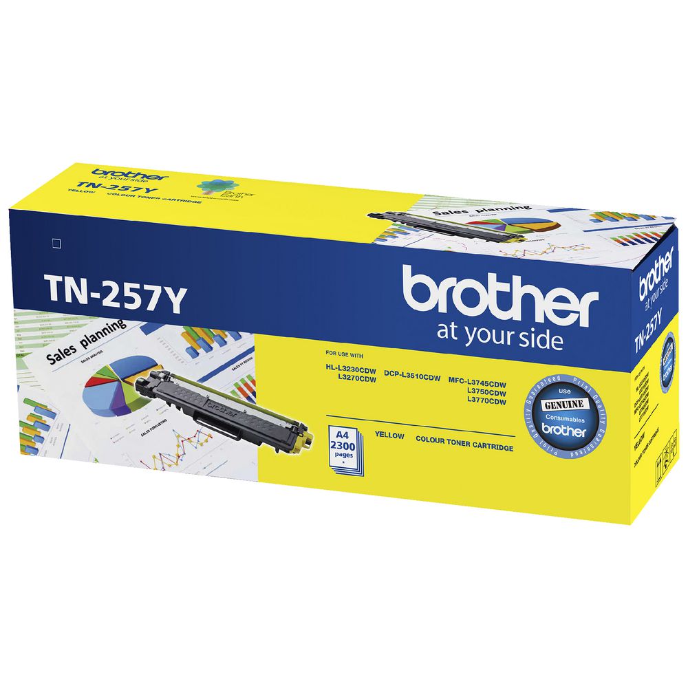Brother TN-257Y Yellow High Yield Toner Cartridge to Suit -  HL-3230CDW/3270CDW/DCP-L3015CDW/MFC-L3745CDW/L3750CDW/L3770CDW (2,300 Pages)