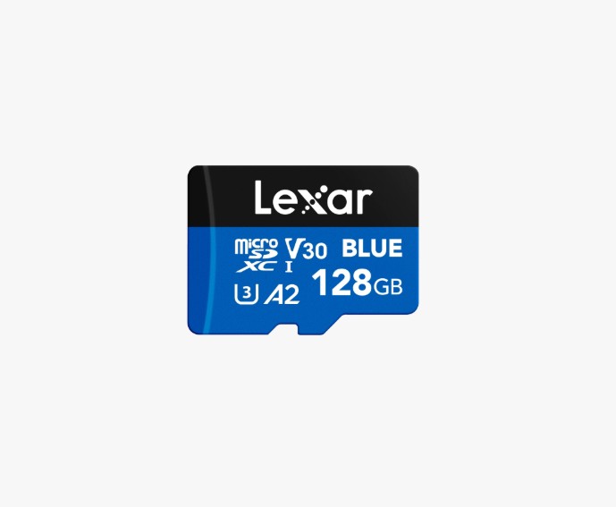 Lexar BLUE microSDXC™ UHS-I Card 128GB - C10, A2, UHS-I(U3), V30, up to 160MB/s read Vibration-proof: 10-2000Hz. Magnetic-proof: 15000 Gauss LMSBLUE128G-BNANC