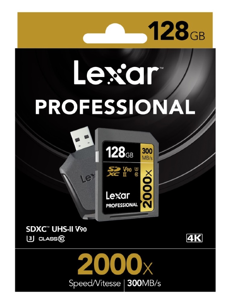 Lexar Professional 2000x 128GB SDXC UHS-II Card - Up to 300MBs Read/U3 C10 V90/USB 3.0 Reader/SD UHS-II Reader/1080p HD/3D/4K Video (LSD128CRBAP2000R)