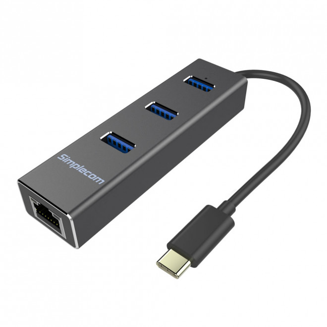Simplecom CHN411 Black Aluminium USB Type C to 3 Port USB 3.0 Hub with Gigabit Ethernet Adapter - CBAT-USBCLAN