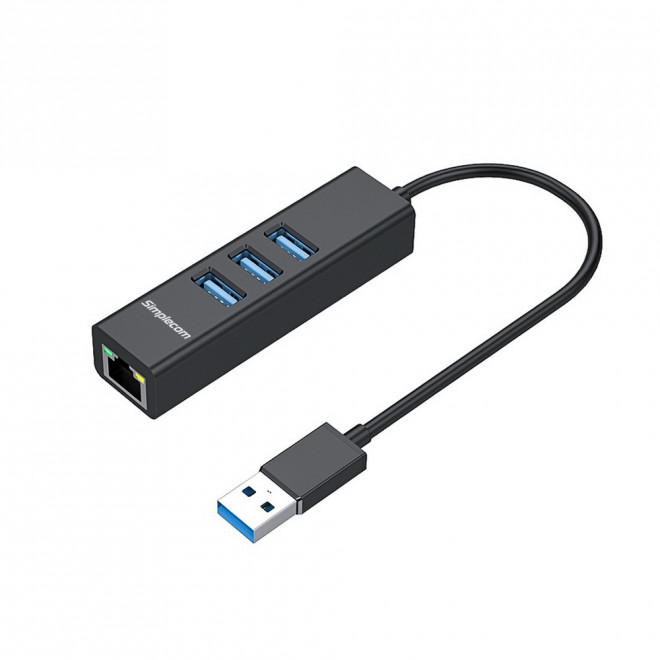 Simplecom CHN420 Black Aluminium 3 Port SuperSpeed USB HUB with Gigabit Ethernet Adapter - CBAT-USBCLAN