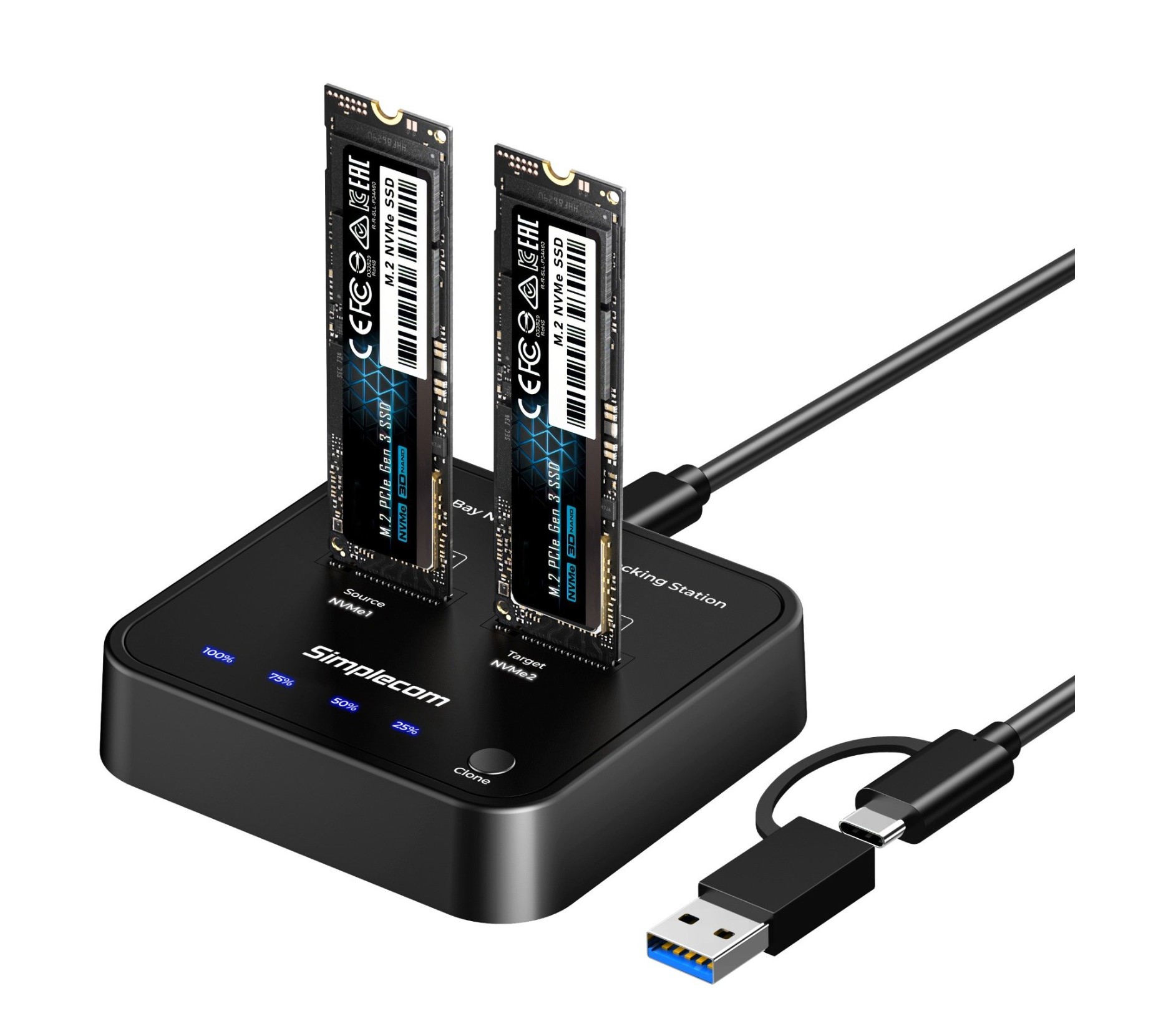 Simplecom Laptop SD550v3 USB 3.2 Gen2 to Dual Bay NVMe M.2 SSD Docking Station Duplicator Offline Clone