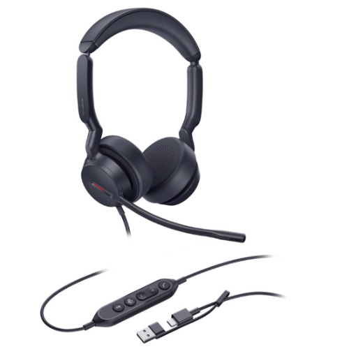Yealink UH44 Dual C/A, USB-wired headset, AI-powered noise cancellation, all-day ergonomic comfort, connects via USB-C with USB-A adapter UH44-D-CA