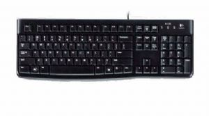Logitech K120 Keyboard Quiet typing Spill-resistant Durable keys Thin profile Curved space bar Adjustable tilt legs
