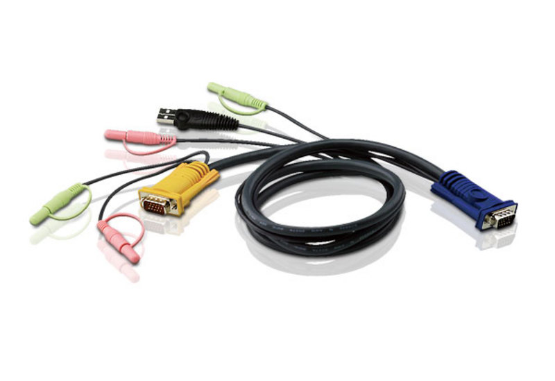 Aten 1.2m 3in1 VGA + 3.5mm Stereo Audio + Mic, USB KVM Cable HDB-15M to SPHD-15M  Audio Plugs
