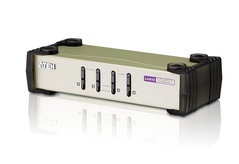 Aten 4 Port USB  PS/2 VGA KVM Switch, Video DynaSync, mouse and keyboard emulation, 4 VGA USB and PS/2 KVM Cables included