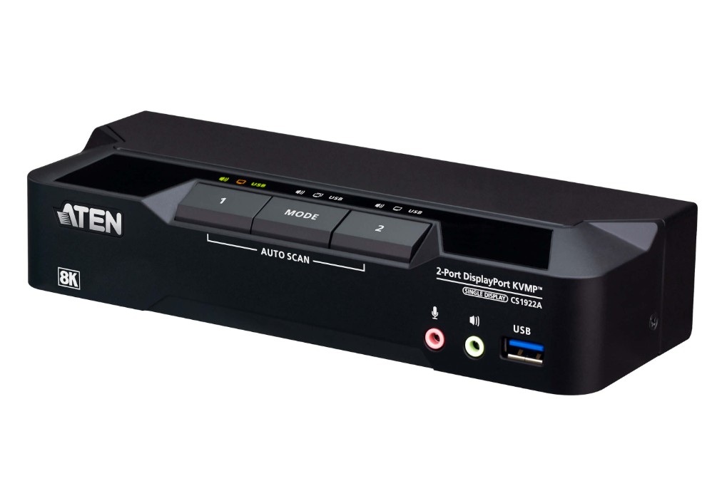Aten 2-Port USB 3.0 8K DisplayPort KVMP™ Switch, Up to 7680 × 4320 @ 60 Hz, 5120 × 2880 @ 60 Hz, Supports daisy-chaining and displa (Cables included) CS1922A-AT-U