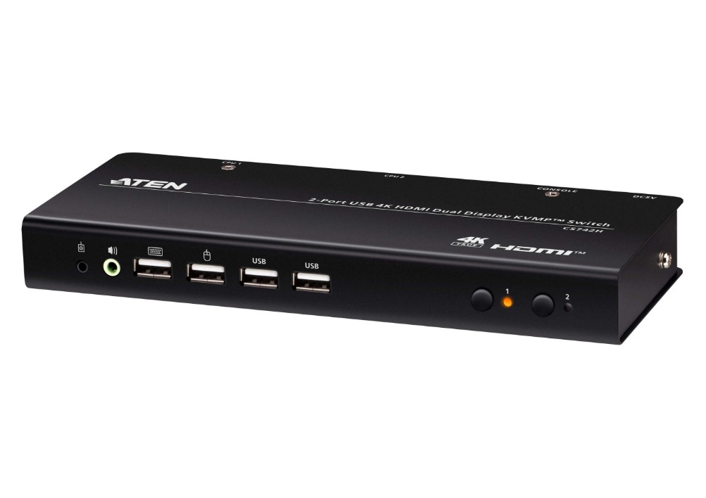 Aten Desktop 2-Port USB 4K HDMI Dual-Display KVMP™ Switch, up to 4096 x 2160 @ 60 Hz, Video DynaSync™, (Cables included) CS742H-AT-U