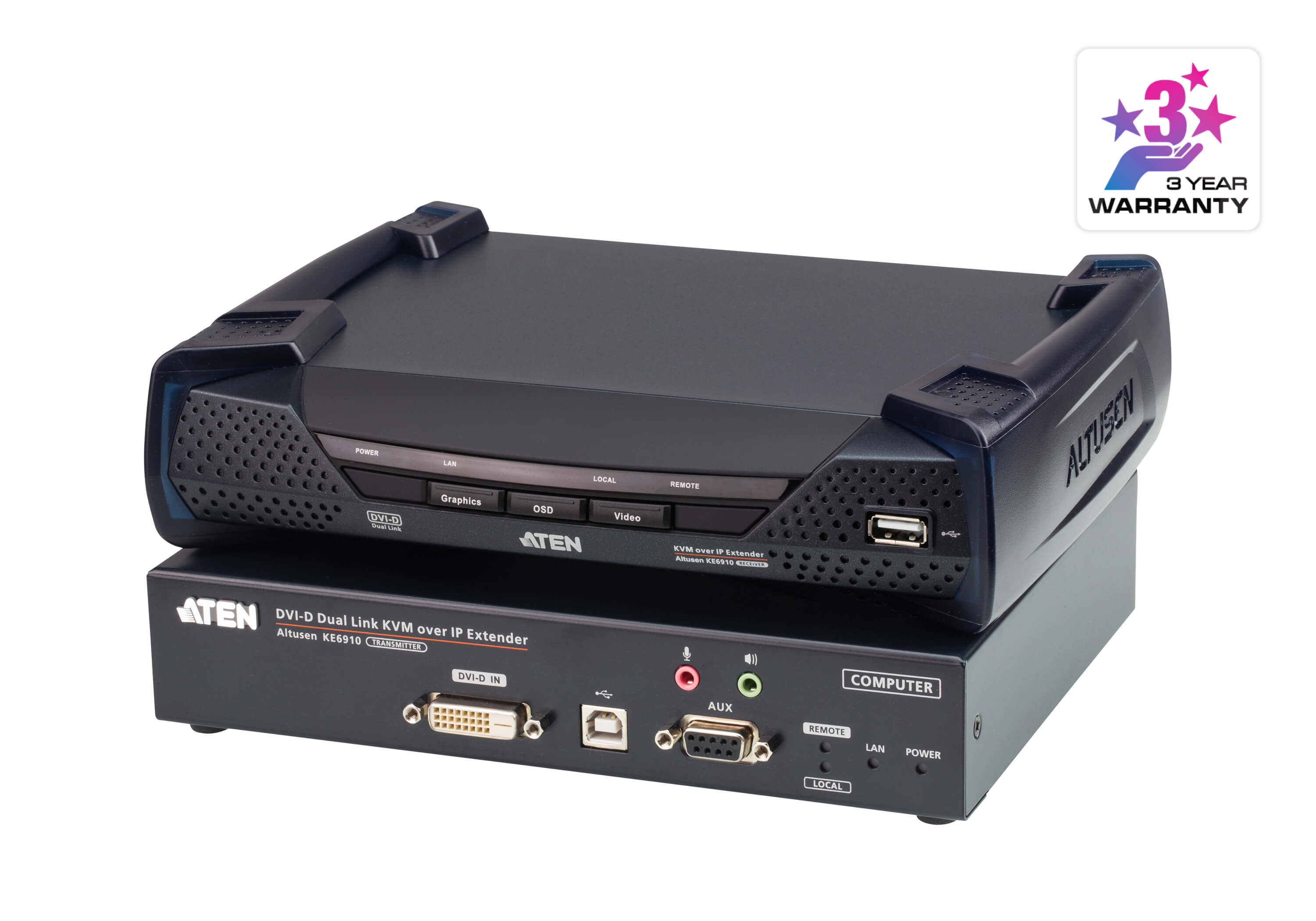 Aten DVI Dual Link KVM over IP Extender with Dual DC Power, supports up to 2560 x 1600 @ 60 Hz, USB and 3.5mm Audio input and Output