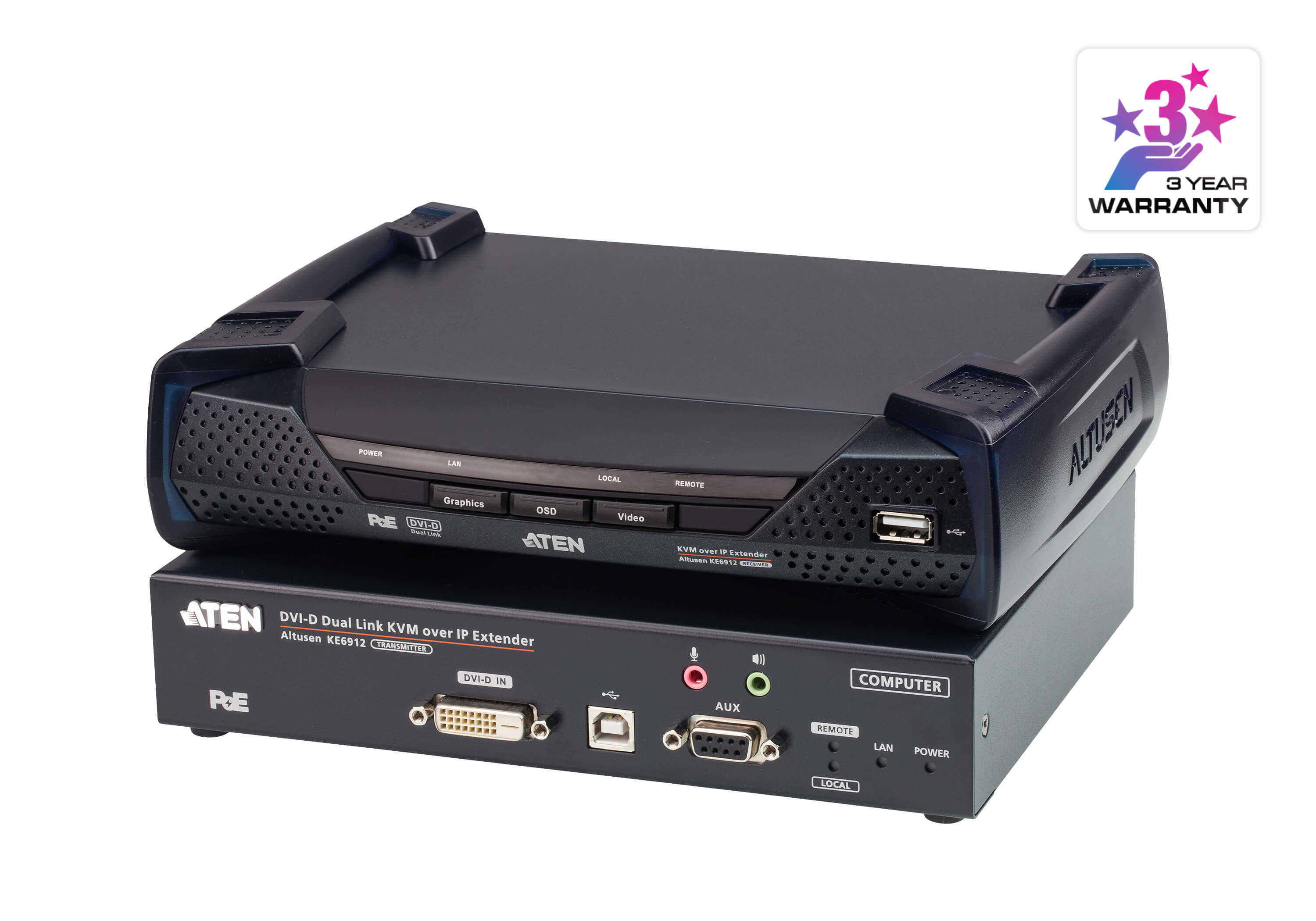 Aten DVI Dual Link KVM over IP Extender with DC Power + Power over Ethernet support, supports up to 2560 x 1600 @ 60 Hz, USB and 3.5mm Audio