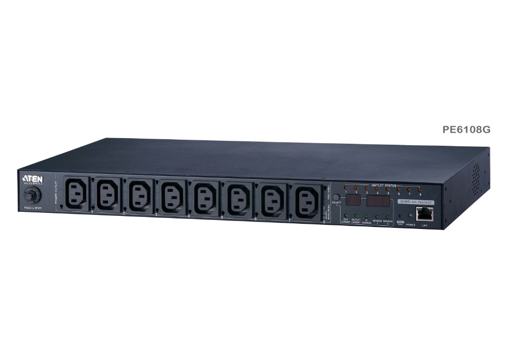 Aten 15A/10A 8-Outlet 1U Metered & Switched eco PDU, emote power outlet control (On, Off, Power Cycle) by individual outlets, Green Package PE6108G-AU-G
