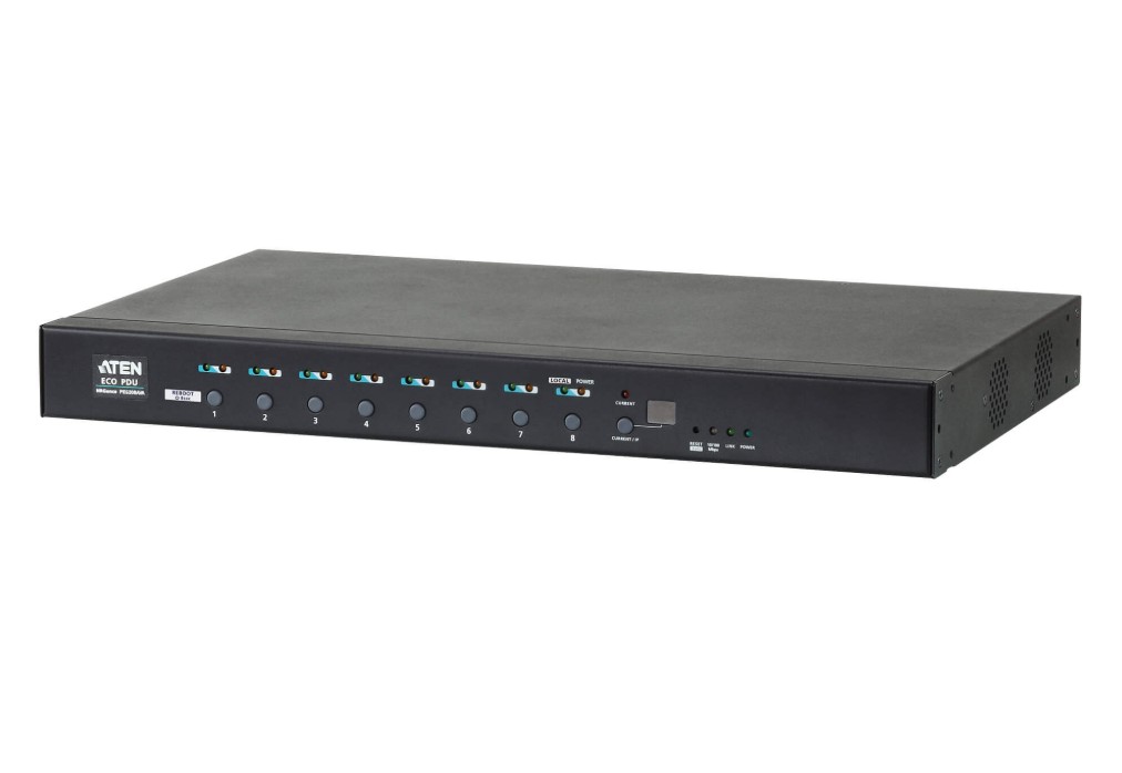 ATEN 16A 8-Outlet 1U Metered & Switched eco PDU, Detachable front panel fits 19' racks with different depths, Supports RS-232 port PE6208AV-ATB-G