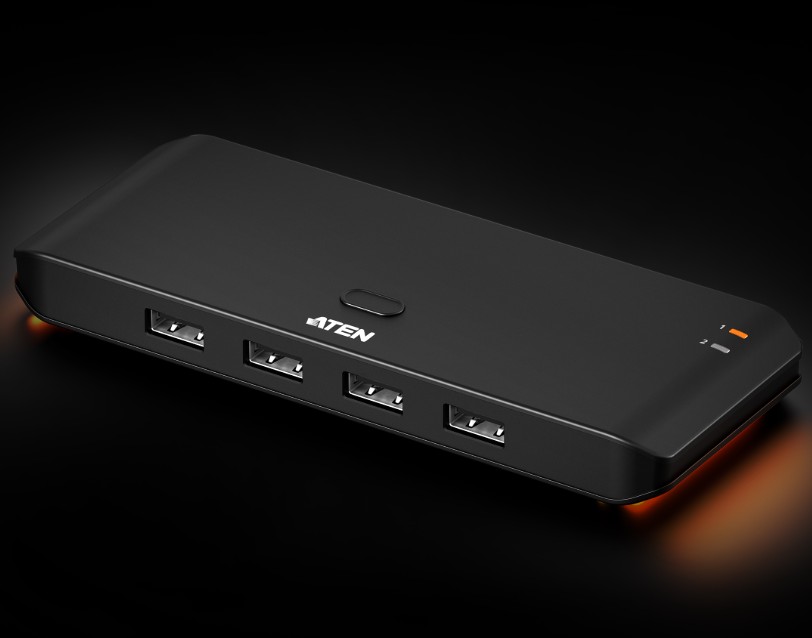 Aten Essential 2x4 USB 2.0 Sharing Switch, Sharing of four USB peripherals at 480 Mbps between two PCs at a press of the pushbutton. US4224-AT