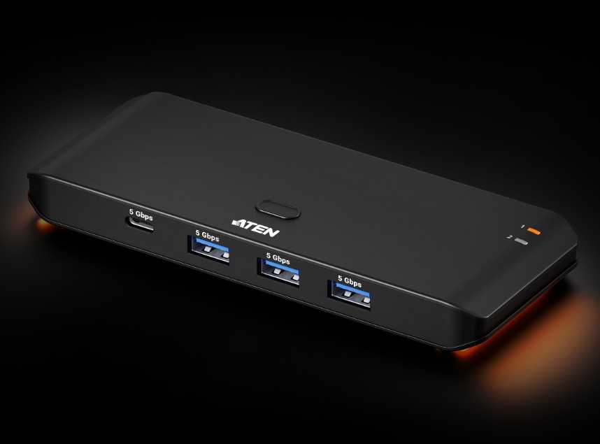 Aten Essential 2x4 USB 3.2 Gen 1 Sharing Switch, Sharing of four USB peripherals at blazing-fast 5 Gbps between two PCs / pushbutton or Remote US4324-AT