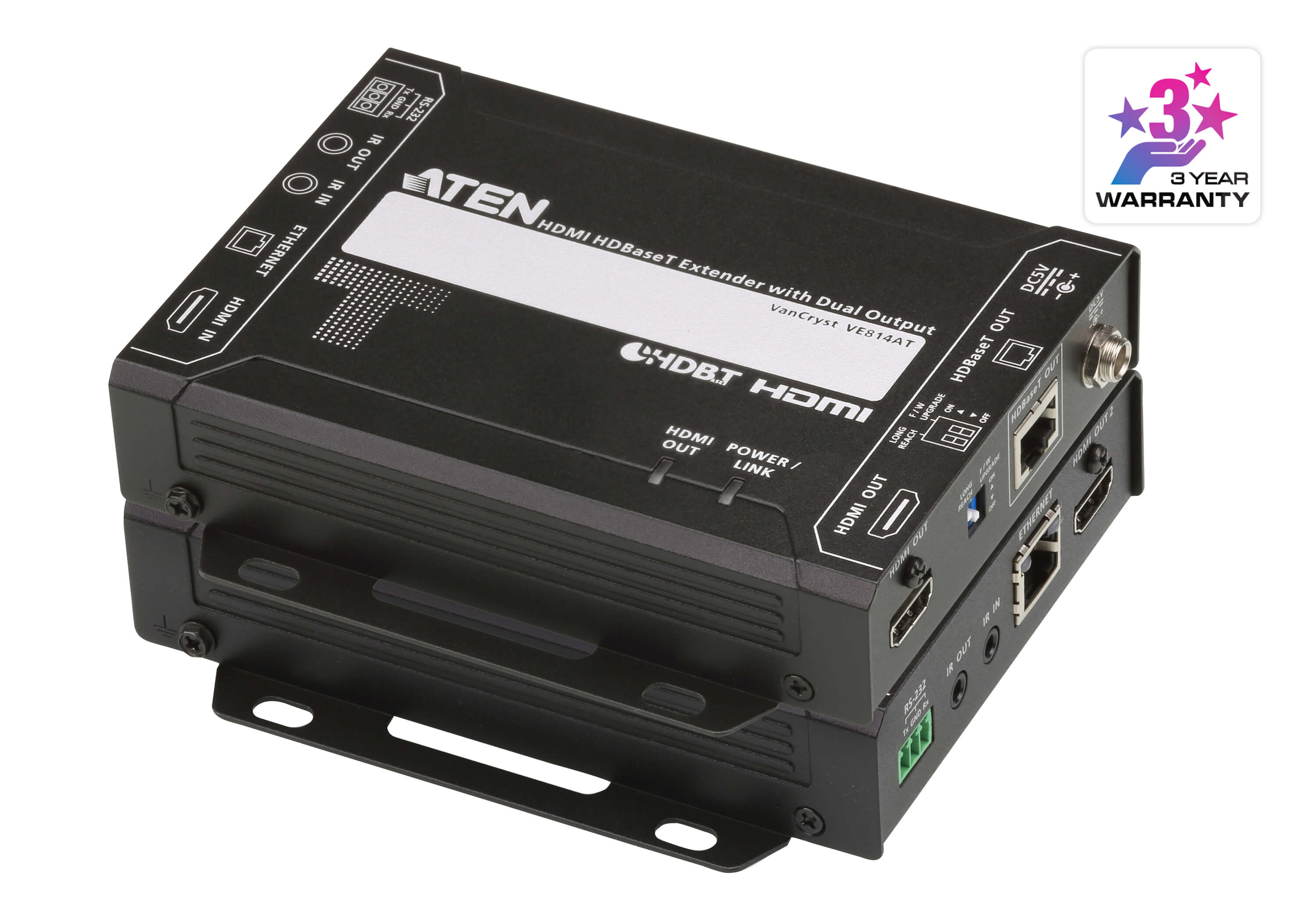 Aten HDMI HDBaseT Extender with Dual 4K Output, one local HDMI output, supports up to 4K@70m (Cat 5e/6) and 100m (Cat 6A), extends RS232 and IR VE814A-ATA-U