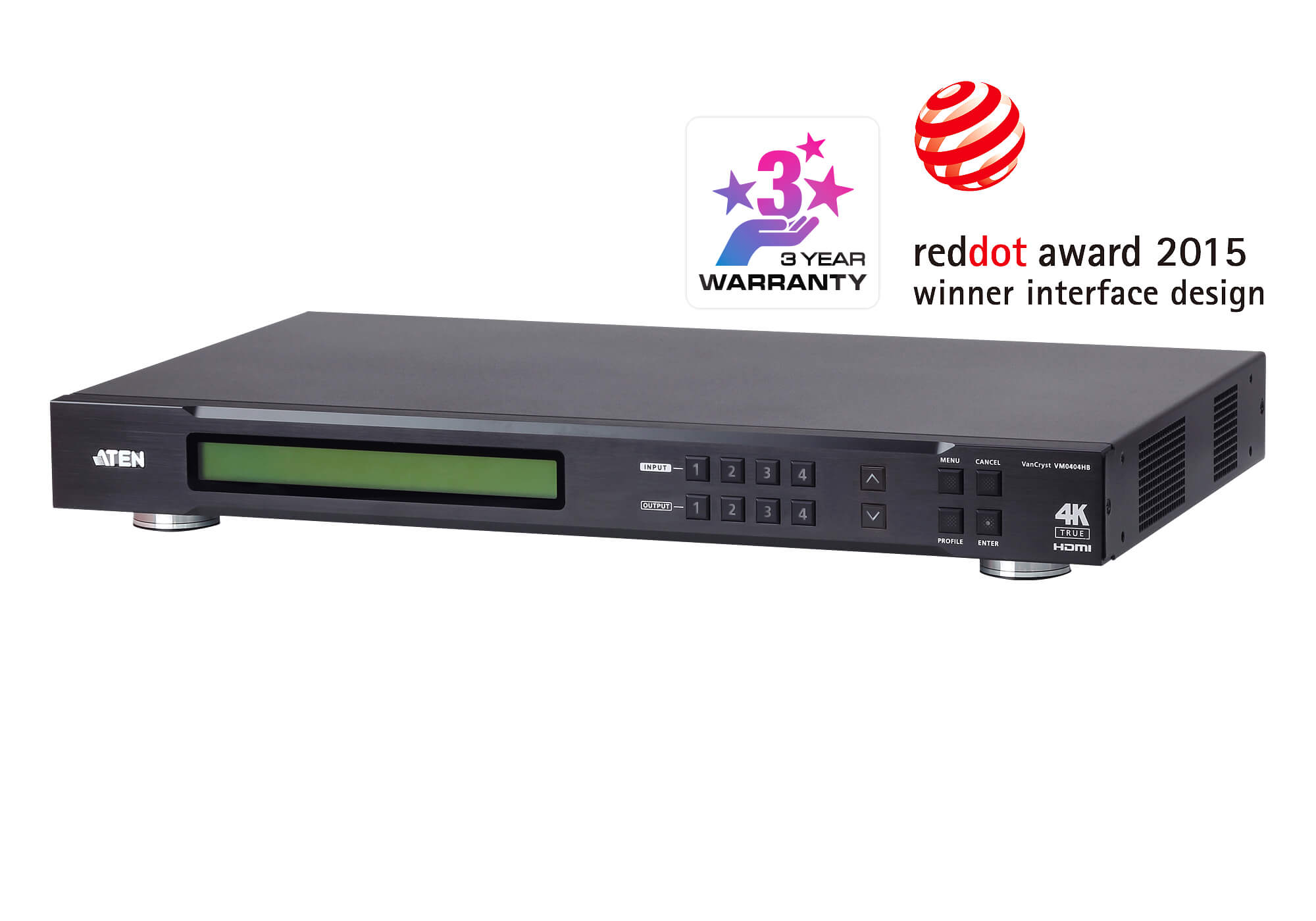 Aten Professional Matrix 4x4 True HDMI Matrix, Supports True 4K Resolutions, control via front-panel pushbuttons, IR remote and RS232 VM0404HB-AT-U