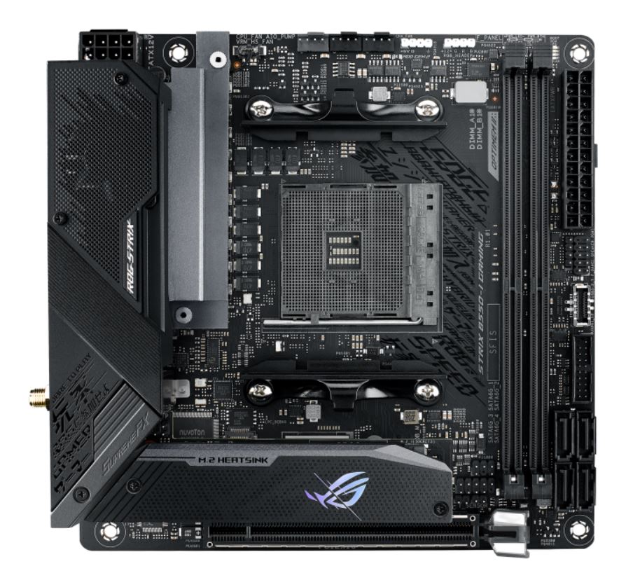 ASUS AMD B550 ROG STRIX B550-I GAMING (Ryzen AM4) Mini-ITX MB, PCIe ?4.0, Teamed Power Stages, 2.5Gb Ethernet, ?WiFi? 6, Dual M.2 W/ Heatsink, SATA 6G