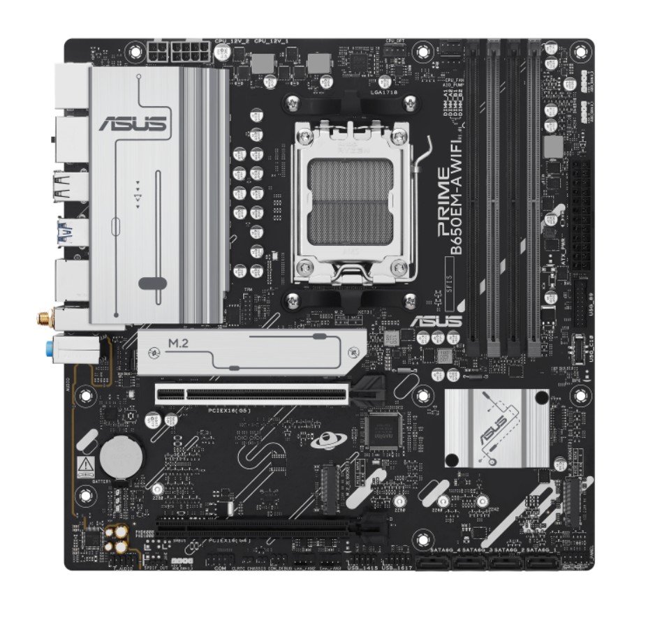 ASUS AMD B650EM PRIME B650EM-A WIFI (AM5) Micro-ATX Motherboard, DDR5, PCIe 5.0 Ready, 3x M.2, Wi-Fi 6, 2.5Gb Ethernet, 2x DP, HDMI, Front USB-C, Aura