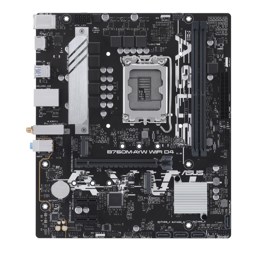 ASUS B760M-AYW WIFI D4 Intel LGA 1700 mATX Motherboard 64GB, DDR4, 1 x PCIe 4.0 x16 slot, 2 x M.2 slots, 4 x SATA, Realtek 2.5Gb Ethernet