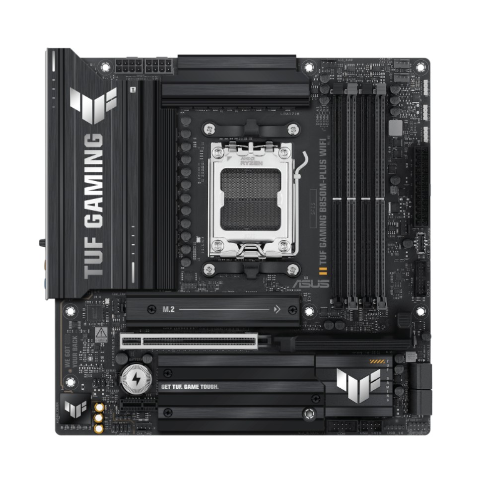 ASUS AMD TUF GAMING B850M-PLUS WIFI (AM5) Micro-ATX Motherboard, DDR5 192GB, 1x PCIe 5.0 x16 slot, 3 xM.2 slots, 4x SATA, Wi-Fi 6E, Realtek 2.5Gb