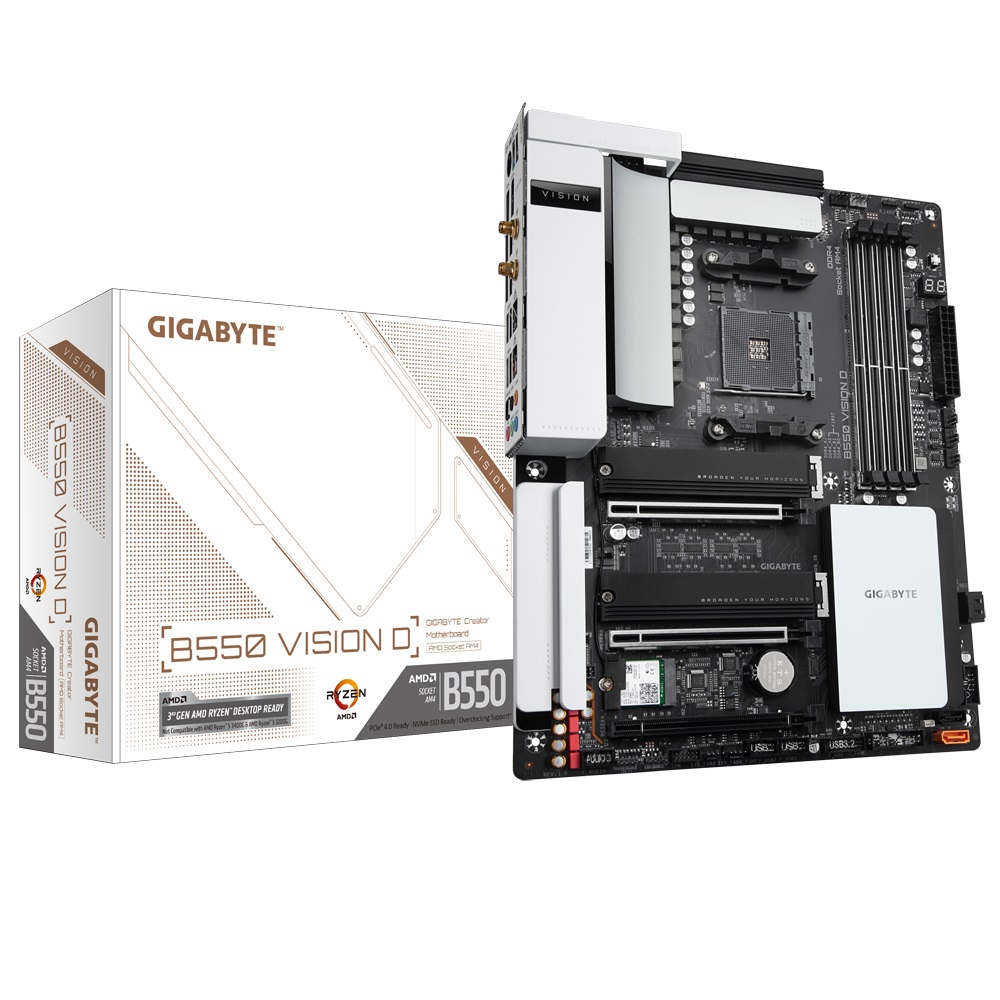Gigabyte B550 VISION D AMD Ryzen ARX Motherboard 4xDDR4 4xSATAIII 2xM.2 LAN RAID WIFI6 BT 3xPCIEx16 HDMI 4xUSB3.2 2xUSB-C