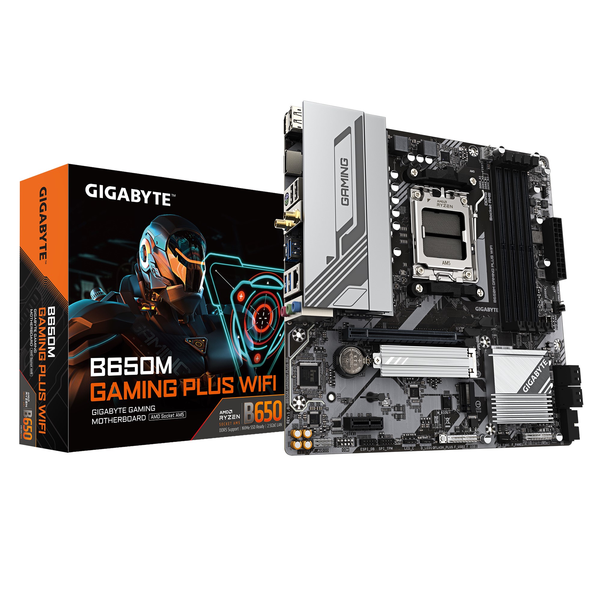 Gigabyte B650M GAMING PLUS WIFI, AMD AM5, 4 x DDR5up to 256 G, 1 x HDMI, 1 x PCI Express x16, 2 x M.2, 4 x SATA, 4 x USB 3.2