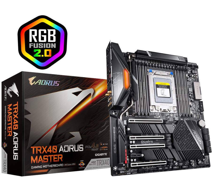 Gigabyte AMD TRX40 Aorus Master E-ATX MB sTRX40 AMD ThreadRipper 3 8xDDR4 5xPCIe 3xM.2 RAID Intel GbE LAN WiFi BT 8xSATA CF/SLI 2xUSB-C RGB2 (LS)
