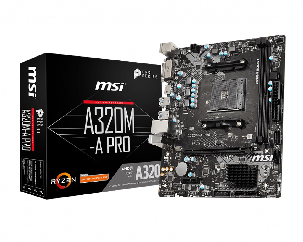MSI A320M-A PRO AMD mATX Motherboard - AM4 Ryzen 2xDDR4 2xPCI-E 4xSATAIII RAID LAN 6xUSB3.2 6xUSB2.0 DVI-D HDMI