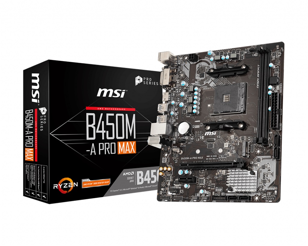 MSI B450M-A PRO MAX AMD M-ATX Motherboard - AM4 Ryzen, 2xDDR4, 4xSATAIII, M.2, 4xUSB3.2, 2xUSB2.0, 1xPCIE x16, DVI-D 1xHDMI