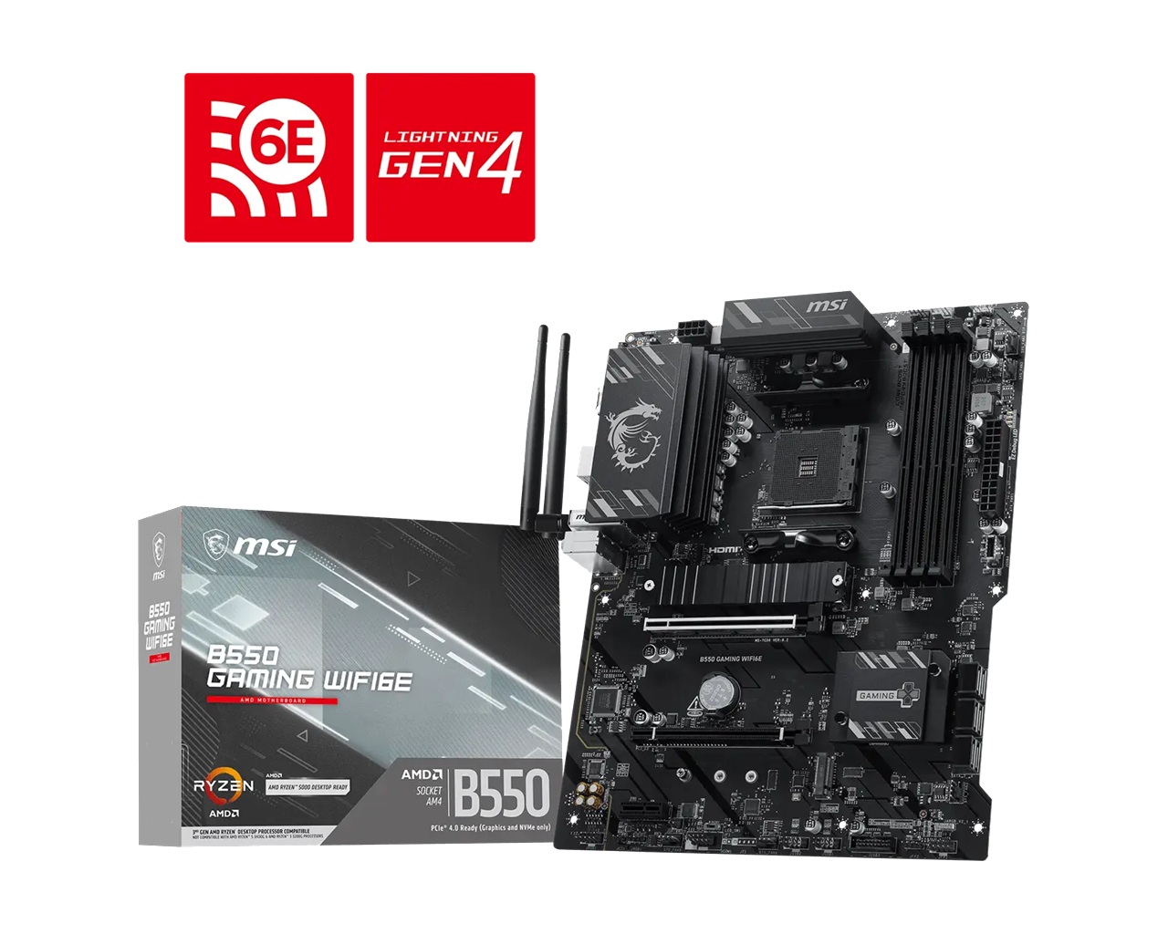 MSI Computer system B550 GAMING WIFI6E, AMD B550, AM4, Ryzen 5000/3000, DDR4 128GB, PCIe 4.0, 2x M.2, Wi-Fi 6E, 1Gb LAN, USB 10Gbps, ATX, 4866+MHz OC, RGB, 7.1 Audio