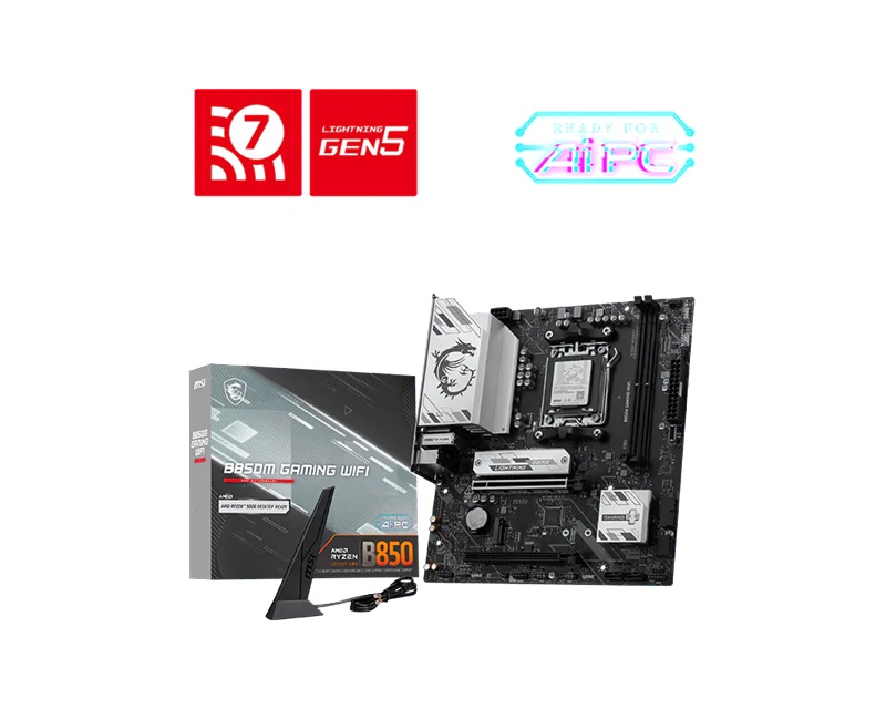 MSI Computer system B850M GAMING WIFI, AMD AM5, B850, DDR5 8200+ MT/s, PCIe 5.0 x16, M.2 Gen5, 5G LAN, Wi-Fi 7, Bluetooth 5.4, USB-C, 7.1 Audio