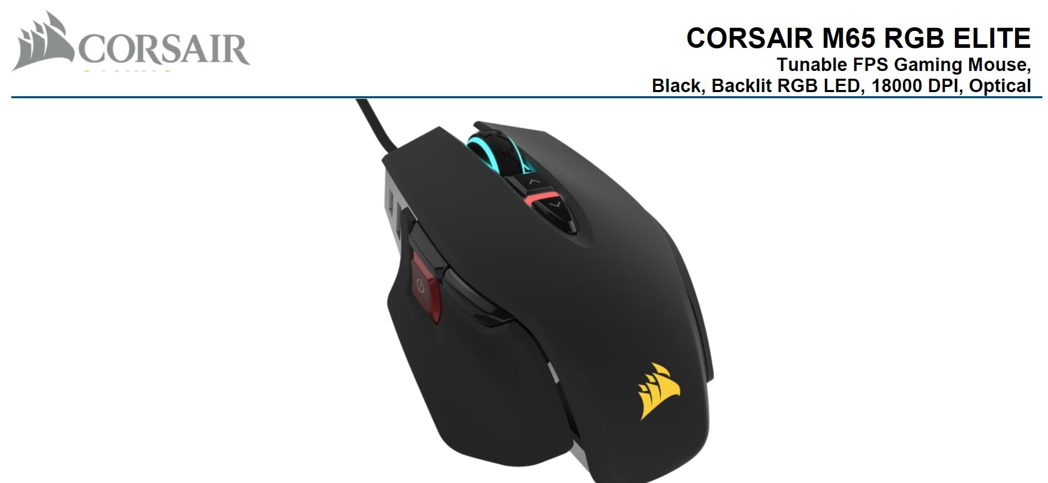 Corsair M65 RGB ELITE Tunable FPS Gaming Mouse Black, 18000 DPI, Optical, iCUE Software.