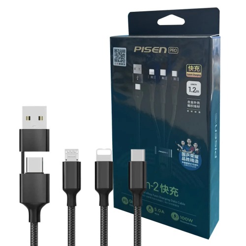 Pisen Pro 3-in-2 Multi Charging Cable (100W) (1.2M) - Black, USB-C x1(100W), Lightning x1(20W),Micro USB x1(18W), 480Mbps Data Sync,2 Years Warranty MPA-6902957177566