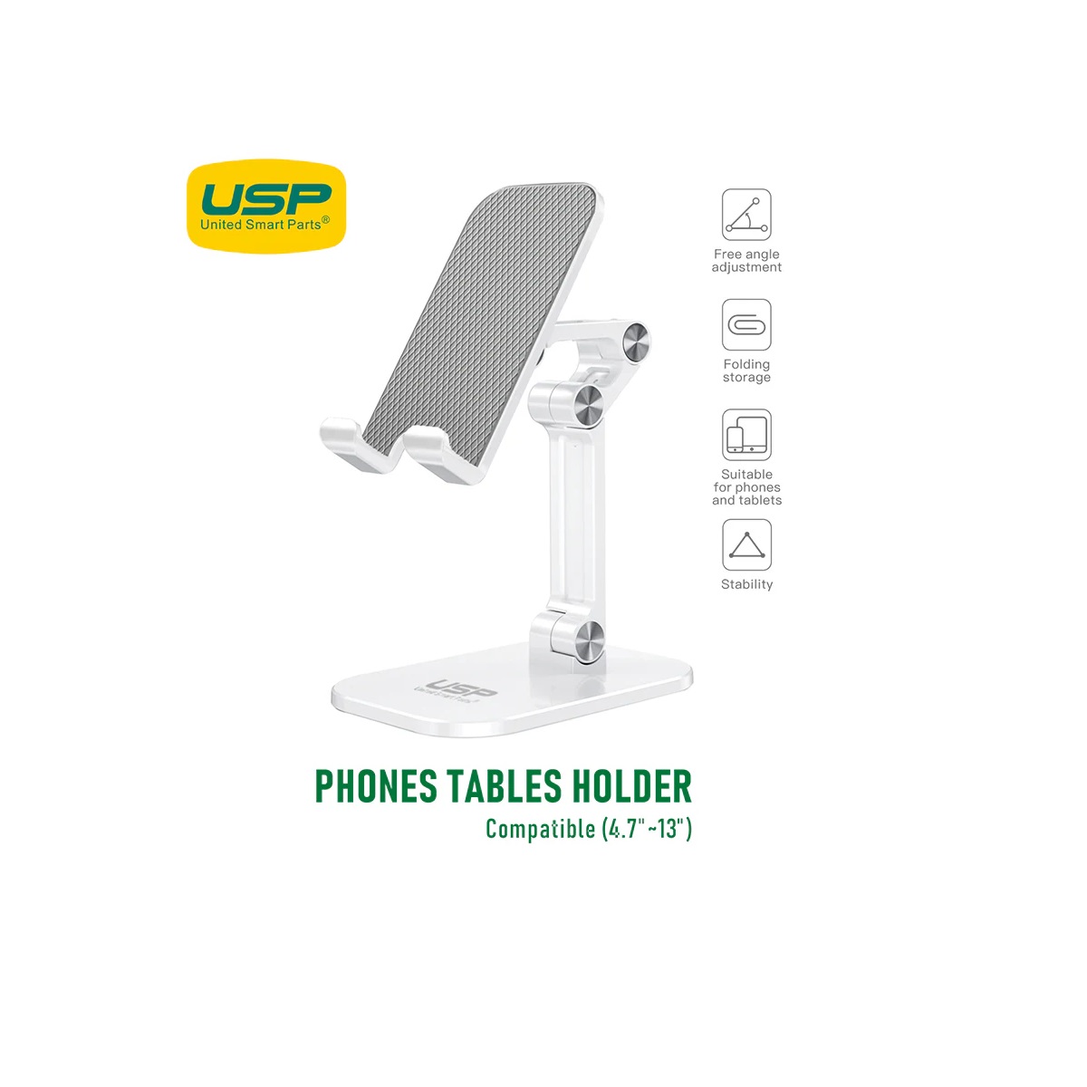 USP Phone/Desktop Stand/Holder for iPhone/iPad White - Foldable Phone Stand, Foldable Tablet Stand, 5 Years Warranty 6972890207095