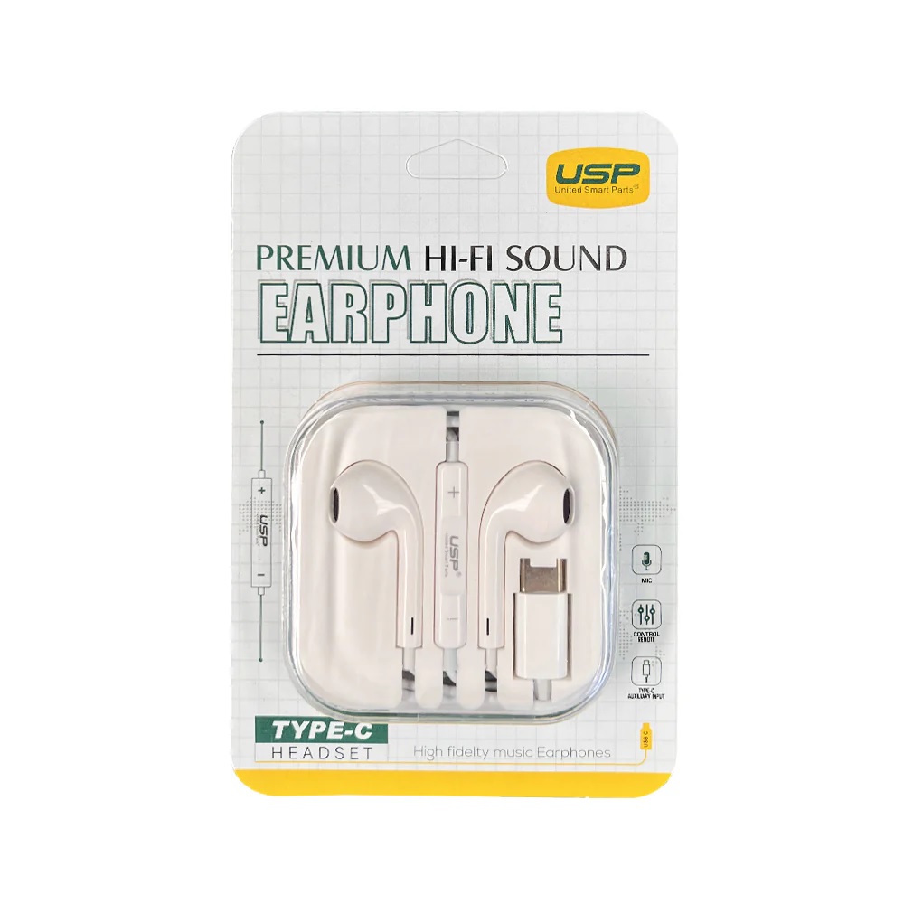 USP Earphones Type-C with Controller Compatible With All Samsung and iPhone 17/16/15 Series (Support Phone Calls), 5 Years Warranty MPA-6976552041010