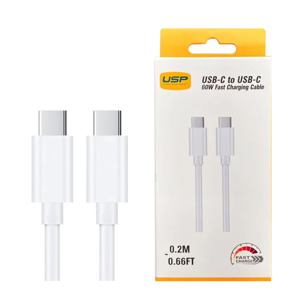 USP USB-C to USB-C 60W Mini Cable (0.2M) White - High Performance,Durable, High Speed, Samsung Galaxy, Apple iPhone, iPad, MacBook, 5 Years Warranty 6976552041157