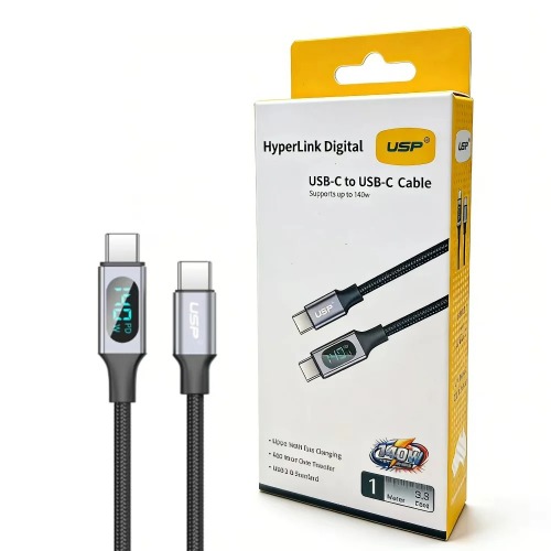 USP Braided HyperLink USB-C to USB-C (1M) Digital Display Cable - Black, Charge & Connect,Digital Display,140W PD, 2 Years Warranty