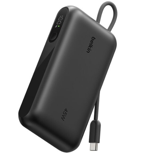 Belkin UltraCharge 10K mAh Power Bank & Display w/ Integrated USB-C Cable (20cm)-Black(BPB029fqBK),2xUSB-C(45W),1xUSB-A(18W),$2500 CEW,2-Year Warranty