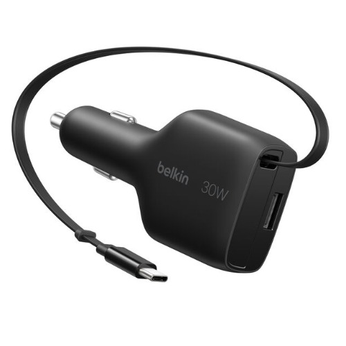 Belkin BoostCharge 30W Retractable Car Charger - Black (CCC002fqBK),Fast Charge,Retractable Cable(70cm),1x USB-A,1x USB-C,$2500 CEW,2 Years Warranty